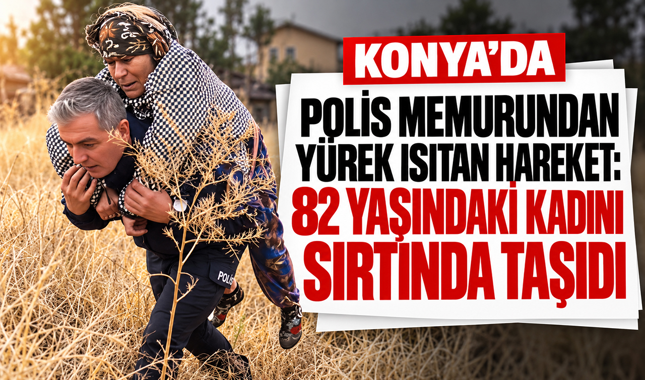 Konya’da polis memurundan yürek ısıtan hareket: 82 yaşındaki kadını sırtında taşıdı