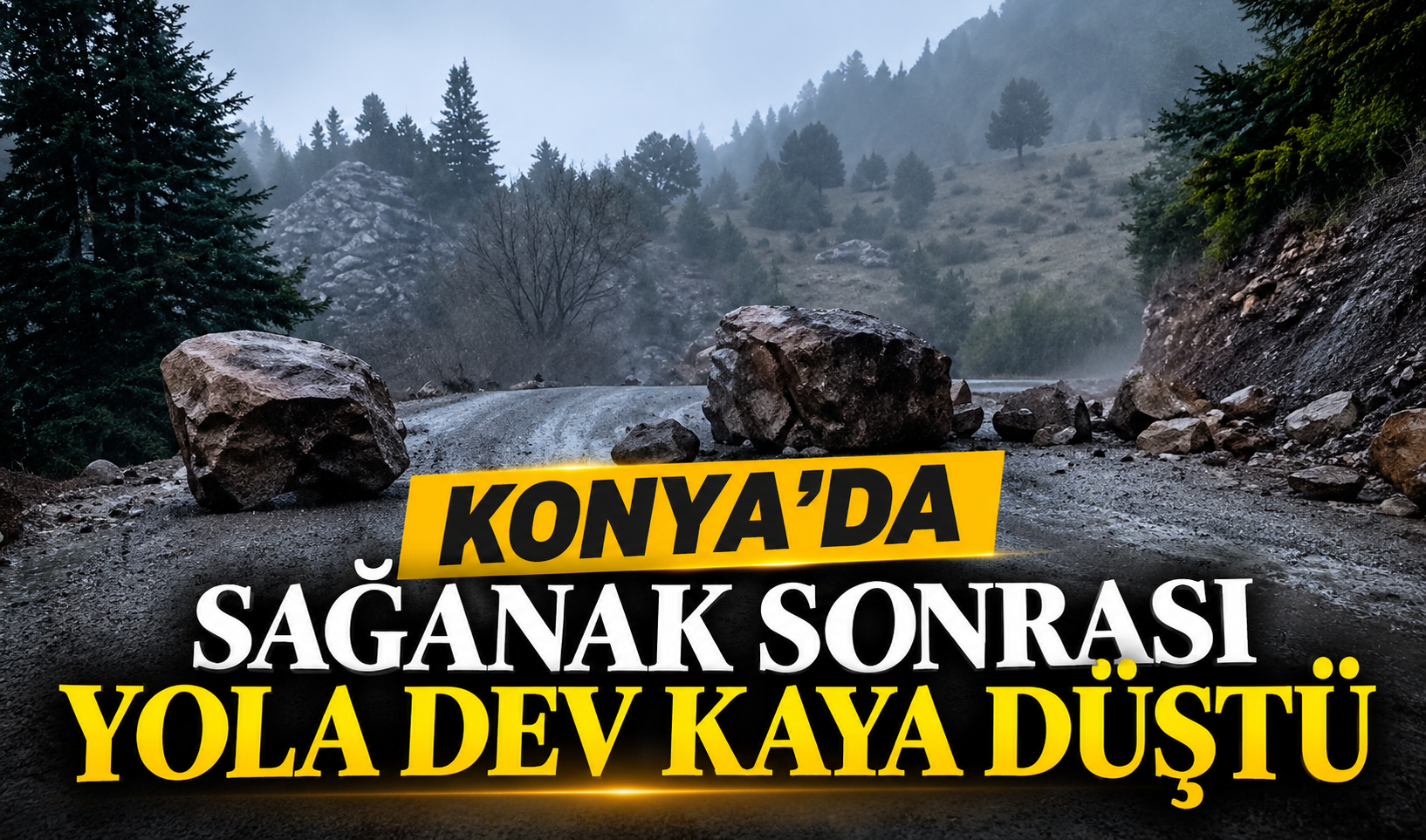 Konya’da sağanak sonrası yola dev kaya düştü
