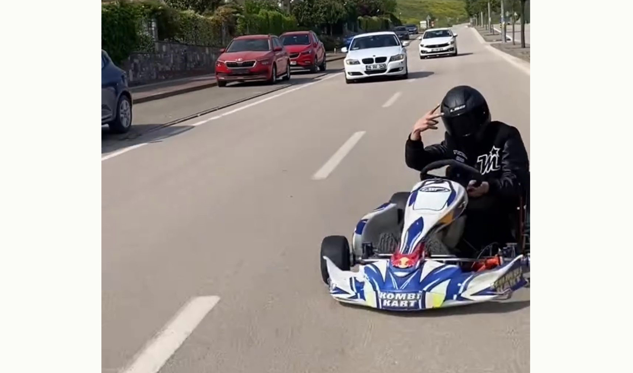 Go kart sürücüsü pisti şaşırdı, trafiğe çıkıp drift attı